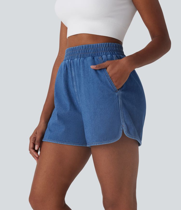 Halara Flex™ Freizeit-Shorts aus dehnbarem Strick-Denim mit hoher Taille, geteiltem, abgerundetem Saum und Cool Touch-Waschung mit Taschen