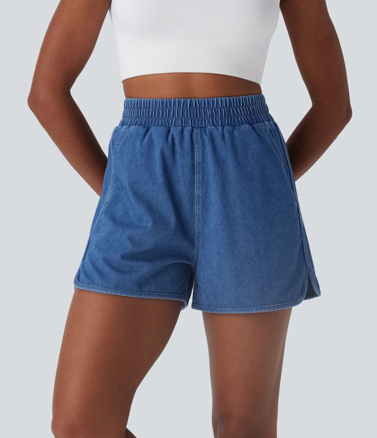 Indigo Mid Blue Denim Halara Flex™ High Waisted Curved Hem InstantCool Washed Denim Casual Shorts with Pockets / 1