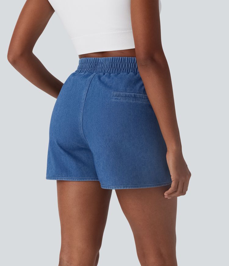 Halara Flex™ Freizeit-Shorts aus dehnbarem Strick-Denim mit hoher Taille, geteiltem, abgerundetem Saum und Cool Touch-Waschung mit Taschen