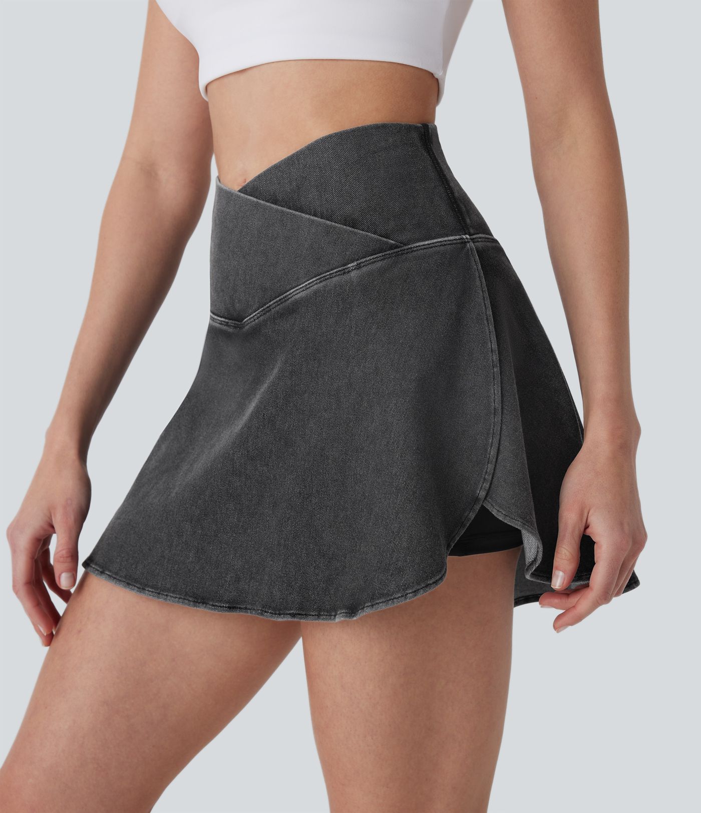 Halara Flex™ High Waisted Crossover 2-in-1 Cool Touch Washed Denim Mini Casual Skirt with Pocket
