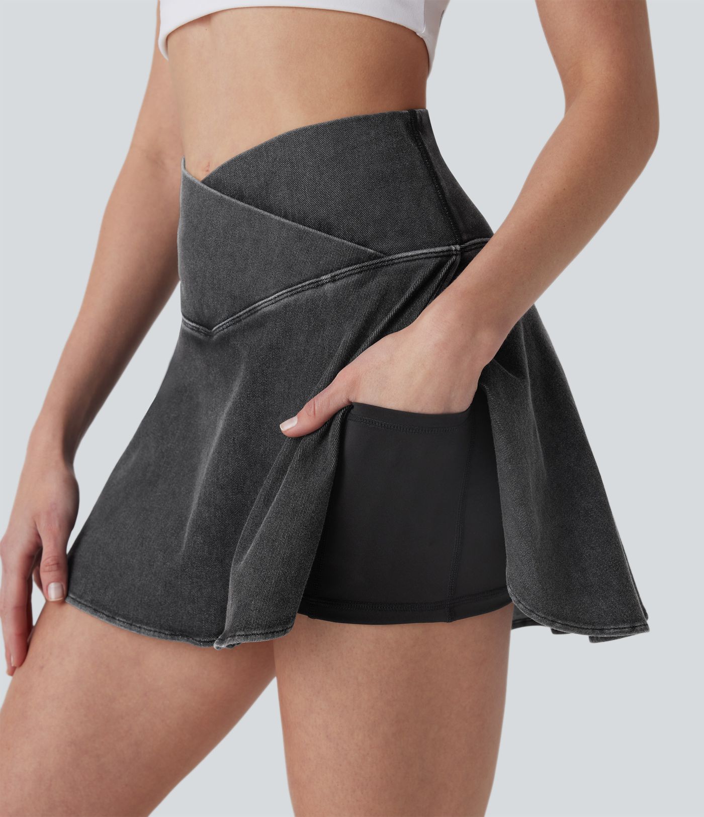 Halara Flex™ High Waisted Crossover 2-in-1 Cool Touch Washed Denim Mini Casual Skirt with Pocket