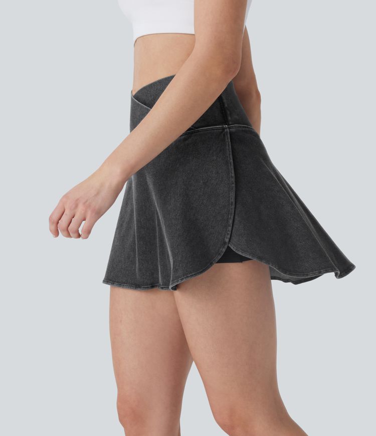 Halara Flex™ High Waisted Crossover 2-in-1 Cool Touch Washed Denim Mini Casual Skirt with Pocket