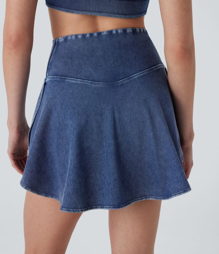 Halara Flex™ High Waisted Crossover 2-in-1 Cool Touch Washed Stretchy Knit Denim Mini Casual Rock mit Seitentasche