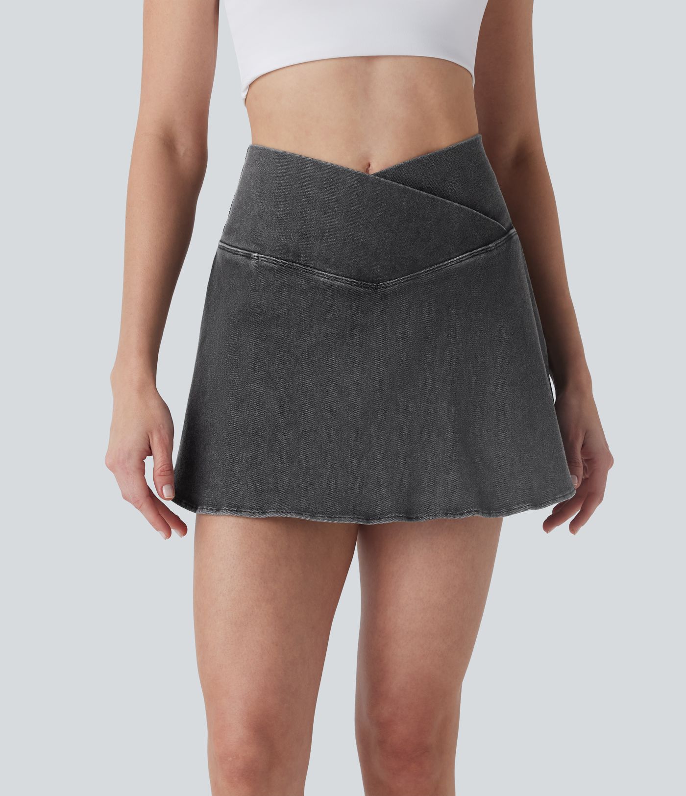 Halara Flex™ High Waisted Crossover 2-in-1 Cool Touch Washed Denim Mini Casual Skirt with Pocket