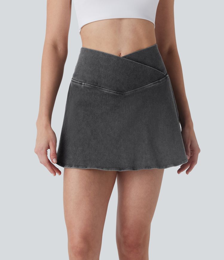 Halara Flex™ High Waisted Crossover 2-in-1 Cool Touch Washed Denim Mini Casual Skirt with Pocket