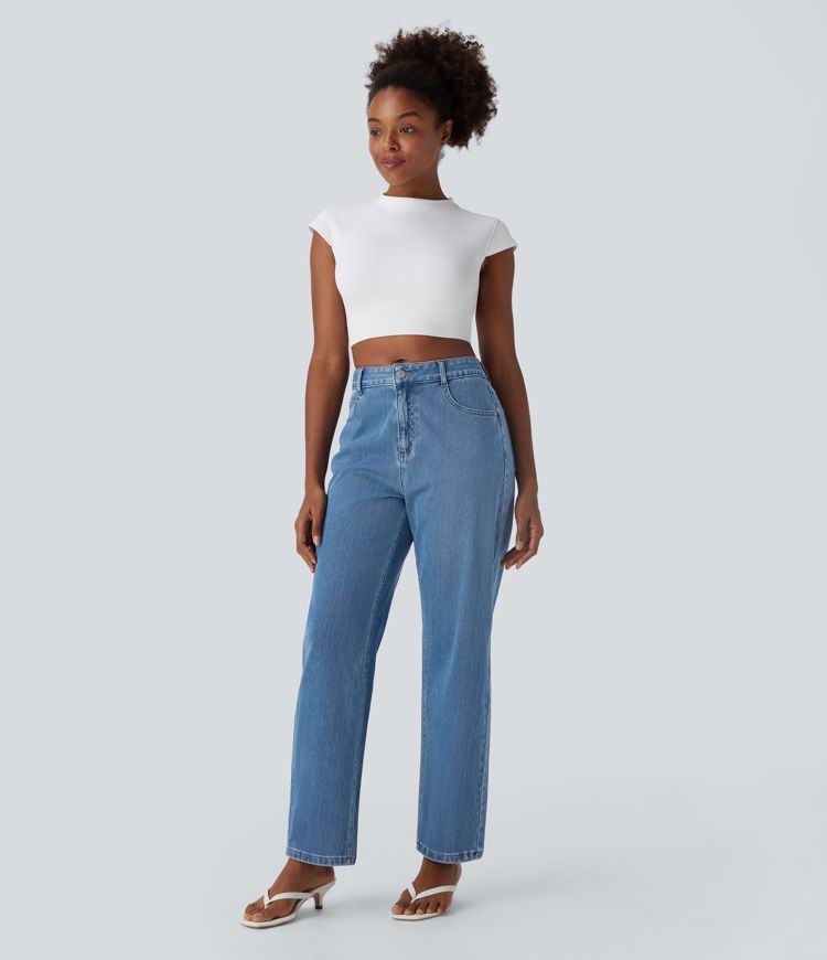 Halara Flex™ Lässige Baggy-Jeans mit mittelhohem Bund und Taschen, gewaschen, dehnbar