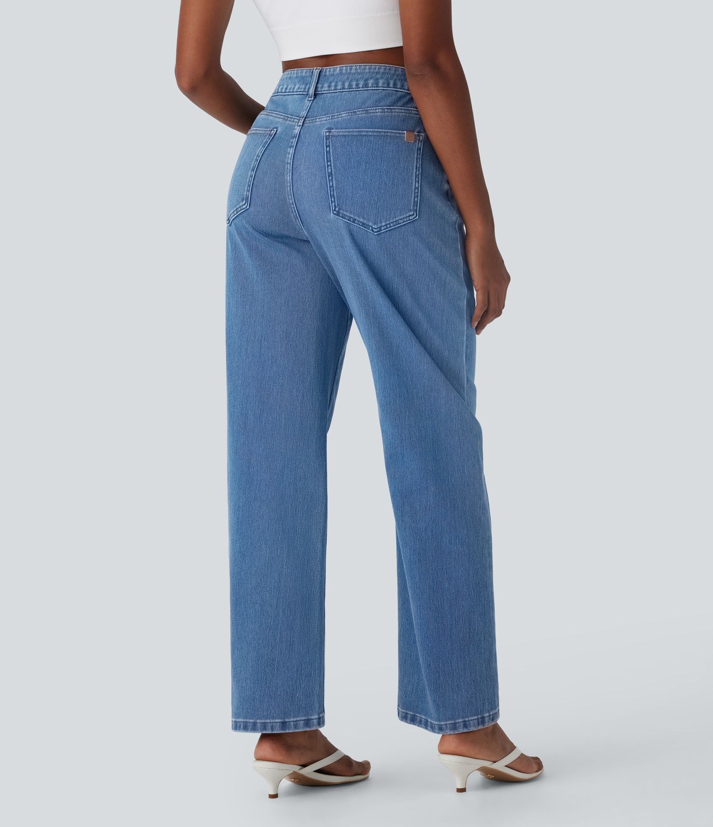 Halara Flex™ Lässige Baggy-Jeans mit mittelhohem Bund und Taschen, gewaschen, dehnbar