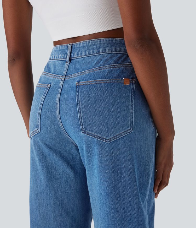Halara Flex™ Lässige Baggy-Jeans mit mittelhohem Bund und Taschen, gewaschen, dehnbar