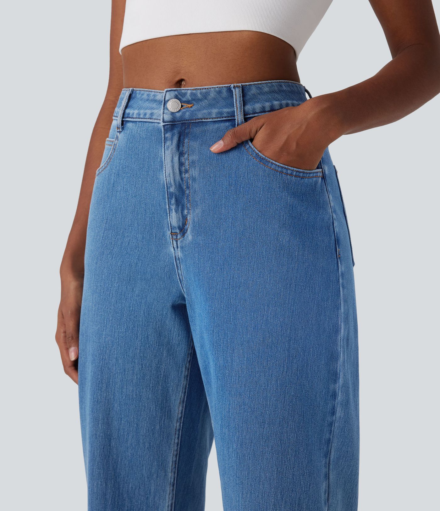 Halara Flex™ Lässige Baggy-Jeans mit mittelhohem Bund und Taschen, gewaschen, dehnbar