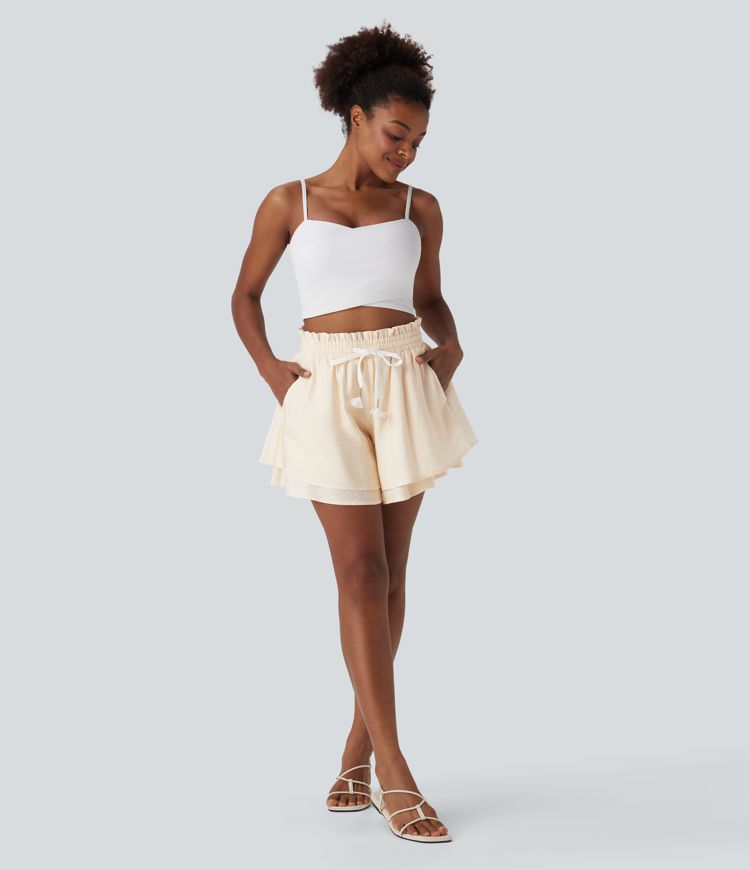 Shorts casuales de lino de doble capa con tiro alto, volantes y cordón ajustable con bolsillos