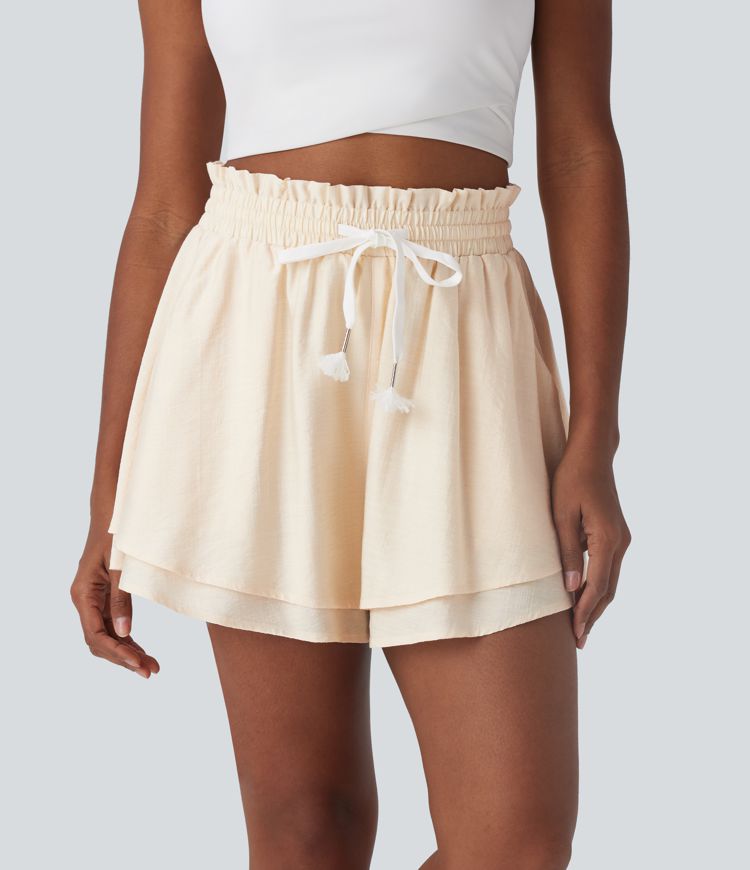 Shorts casuales de lino de doble capa con tiro alto, volantes y cordón ajustable con bolsillos