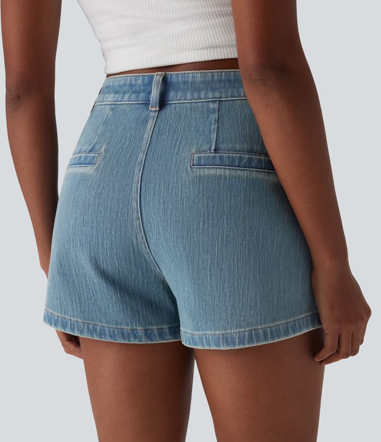 Halara Flex™ Mid Rise Button Zipper Washed Stretchy Knit Denim Casual Shorts mit seitlicher Schleifentasche vorne - 7,6cm