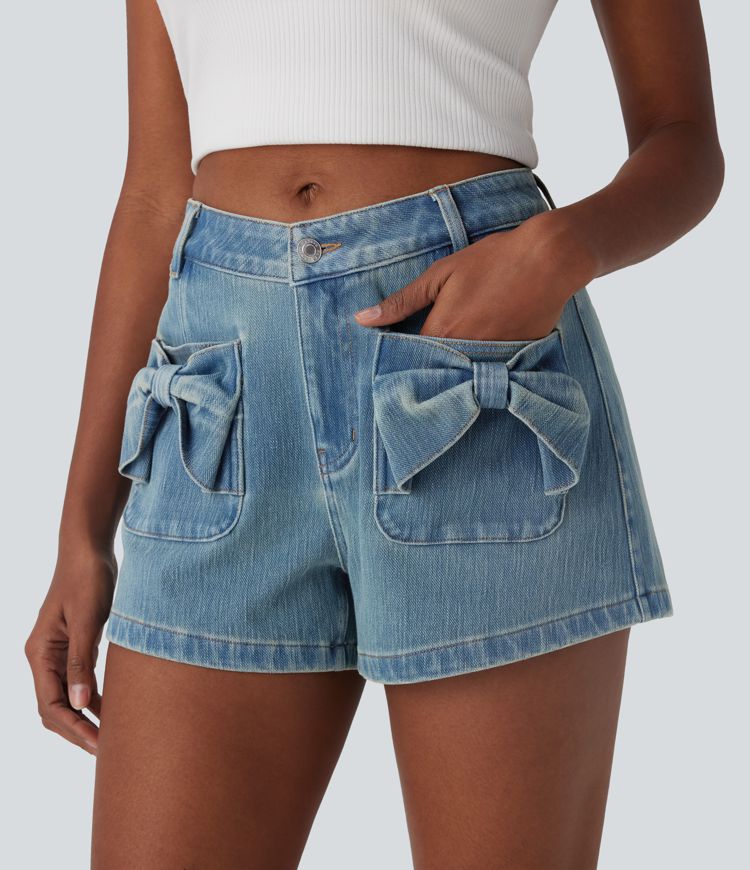Halara Flex™ Mid Rise Button Zipper Washed Stretchy Knit Denim Casual Shorts mit seitlicher Schleifentasche vorne - 7,6cm