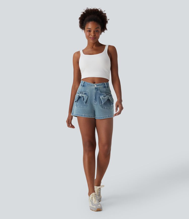 Halara Flex™ Mid Rise Button Zipper Washed Stretchy Knit Denim Casual Shorts mit seitlicher Schleifentasche vorne - 7,6cm