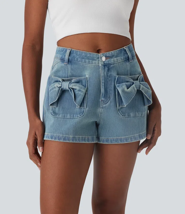 Halara Flex™ Mid Rise Zipper Washed Denim Casual Shorts 3'' with Front Side Bow Pocket