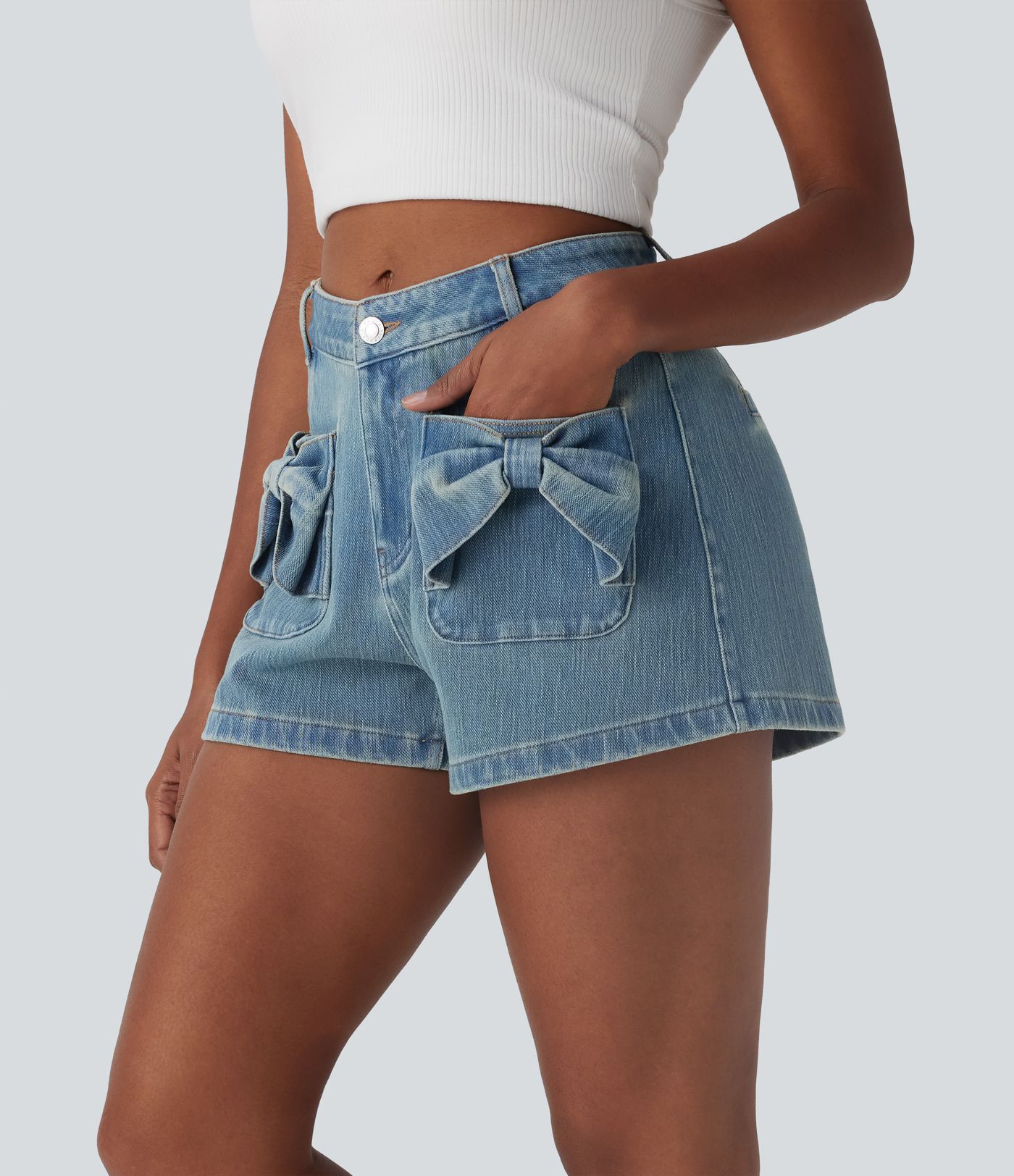 Halara Flex™ Mid Rise Button Zipper Washed Stretchy Knit Denim Casual Shorts mit seitlicher Schleifentasche vorne - 7,6cm