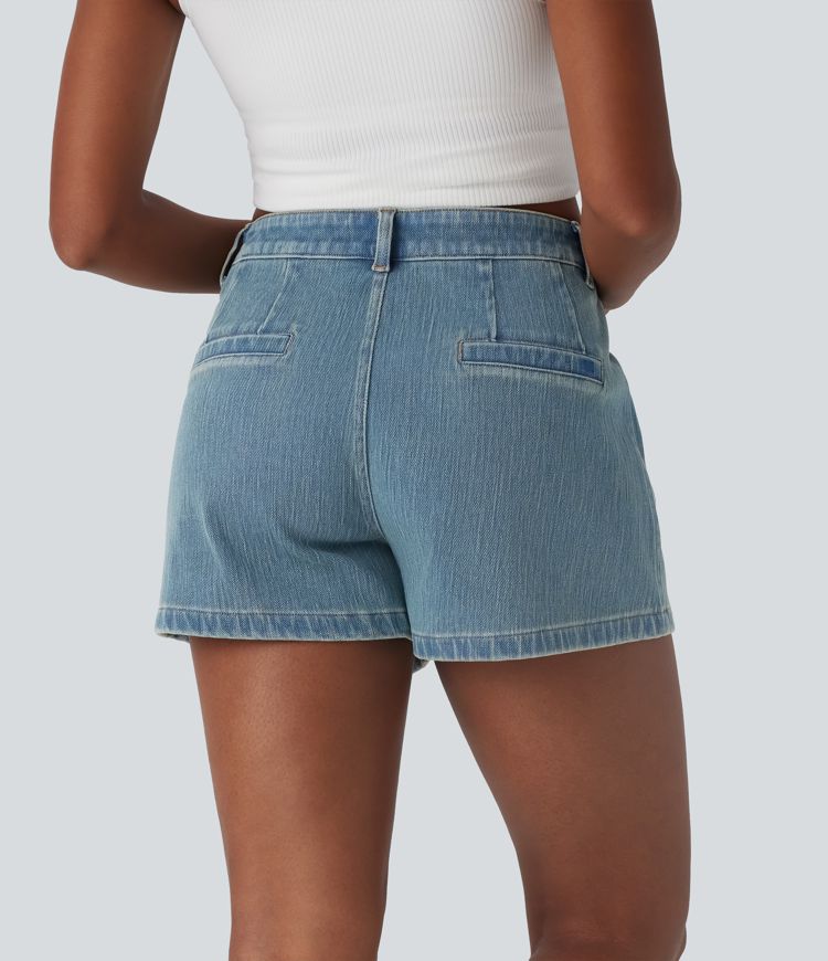 Halara Flex™ Mid Rise Button Zipper Washed Stretchy Knit Denim Casual Shorts mit seitlicher Schleifentasche vorne - 7,6cm