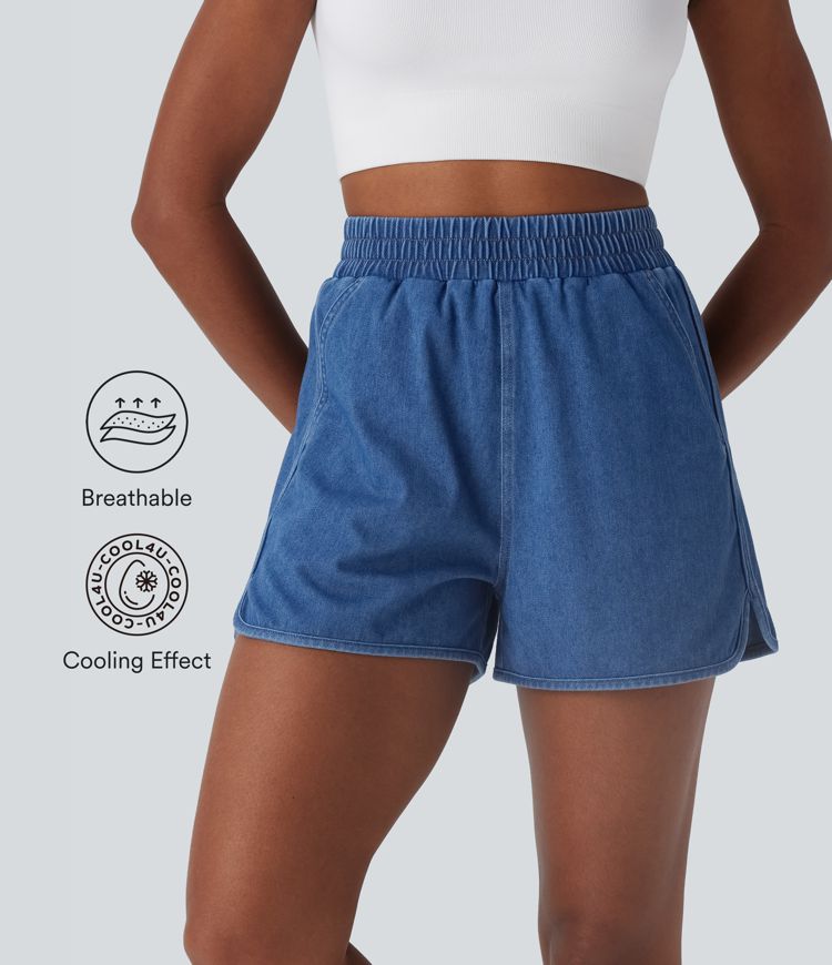 Halara Flex™ High Waisted Split Curved Hem Cool Touch Washed Stretchy Knit Denim Casual Shorts with Pockets