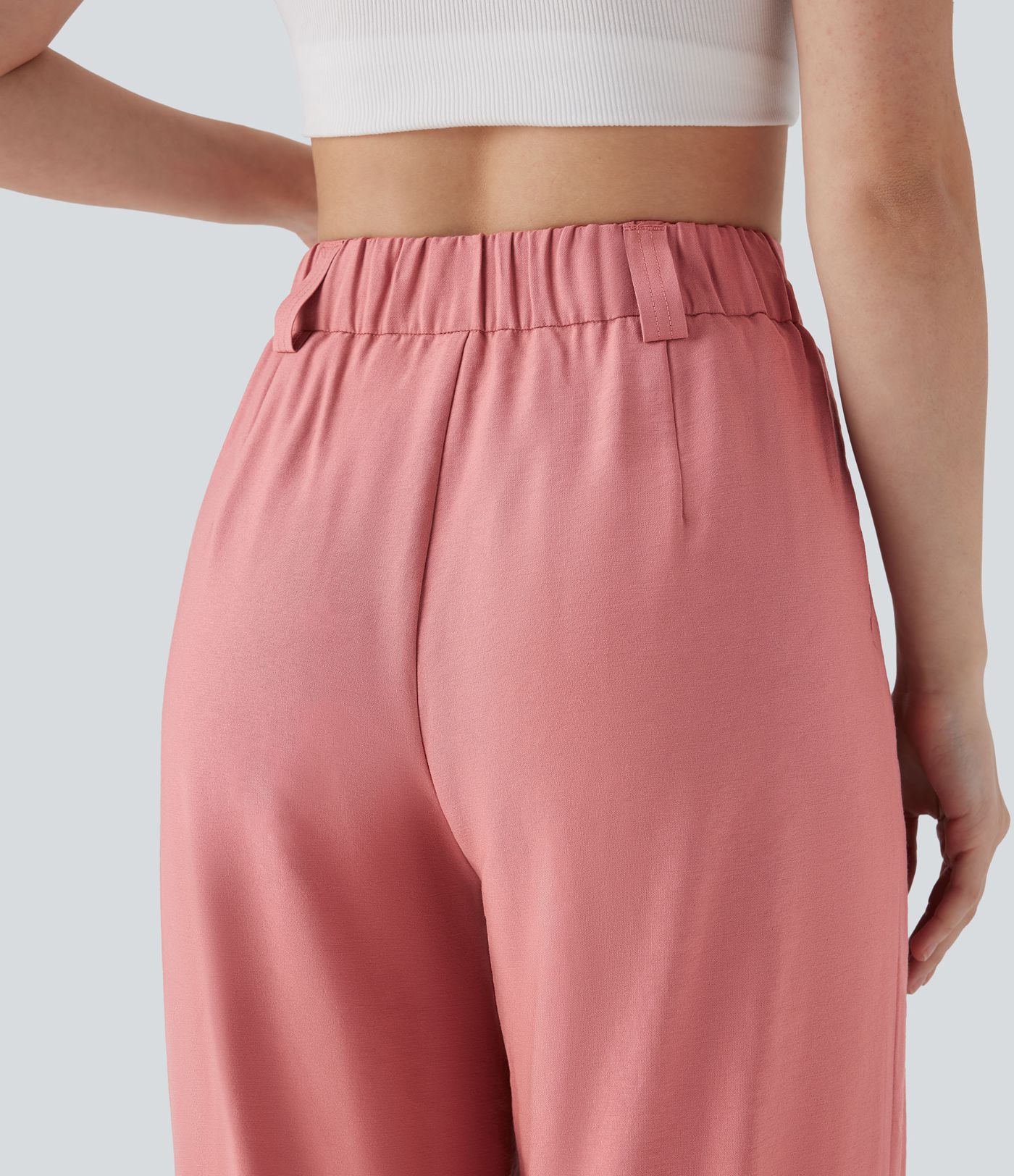 Mid Rise Wide Leg Casual Linen-Feel Trousers with Pockets