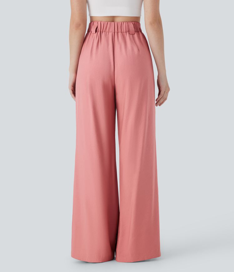 Mid Rise Wide Leg Casual Linen-Feel Trousers with Pockets