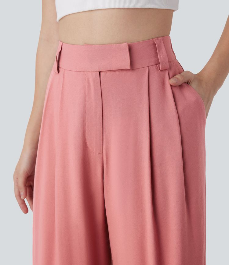 Mid Rise Wide Leg Casual Linen-Feel Trousers with Pockets
