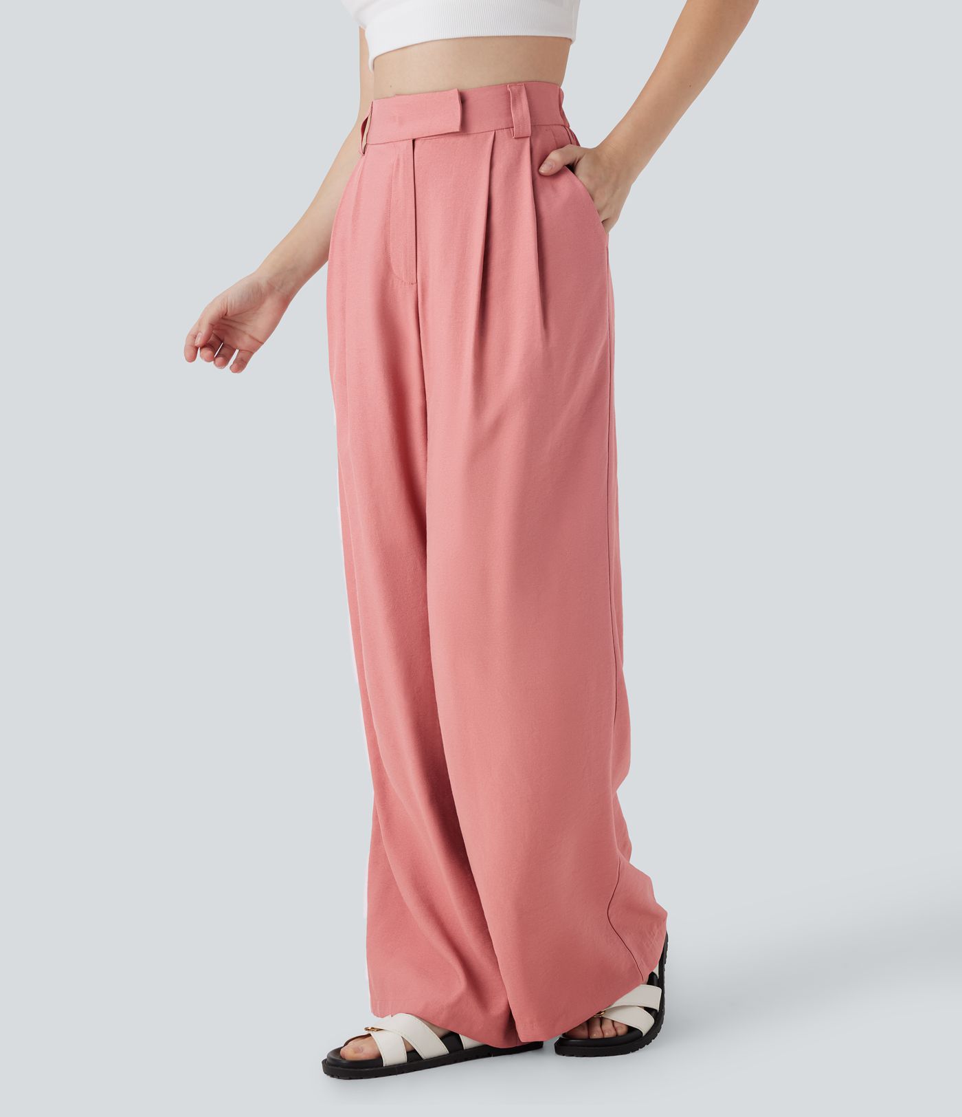 Mid Rise Wide Leg Casual Linen-Feel Trousers with Pockets