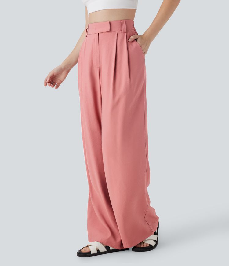 Mid Rise Wide Leg Casual Linen-Feel Trousers with Pockets