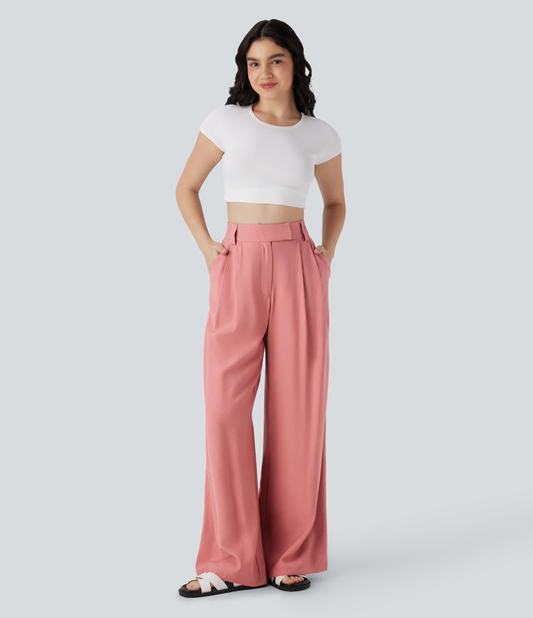 Mid Rise Wide Leg Casual Linen-Feel Trousers with Pockets