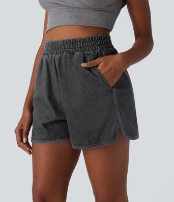Halara Flex™ Freizeit-Shorts aus dehnbarem Strick-Denim mit hoher Taille, geteiltem, abgerundetem Saum und Cool Touch-Waschung mit Taschen