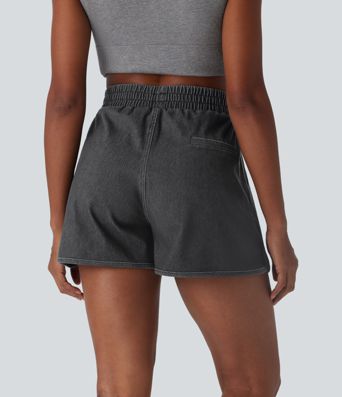 Halara Flex™ Freizeit-Shorts aus dehnbarem Strick-Denim mit hoher Taille, geteiltem, abgerundetem Saum und Cool Touch-Waschung mit Taschen