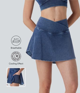 Mini falda Halara Flex™ Denim elásica desgastada de tiro alto cruzado con bolsillos y fresca al tacto