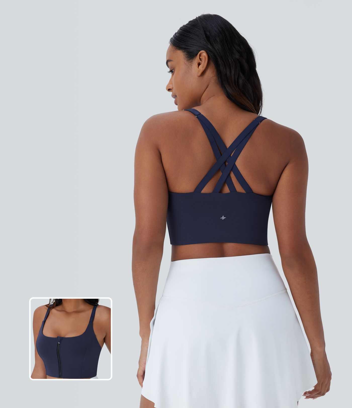 Brassière de sport dos nu pour yoga Softlyzero™ à maintien léger avec bretelles croisées ajustables, zip et protection solaire UPF50+