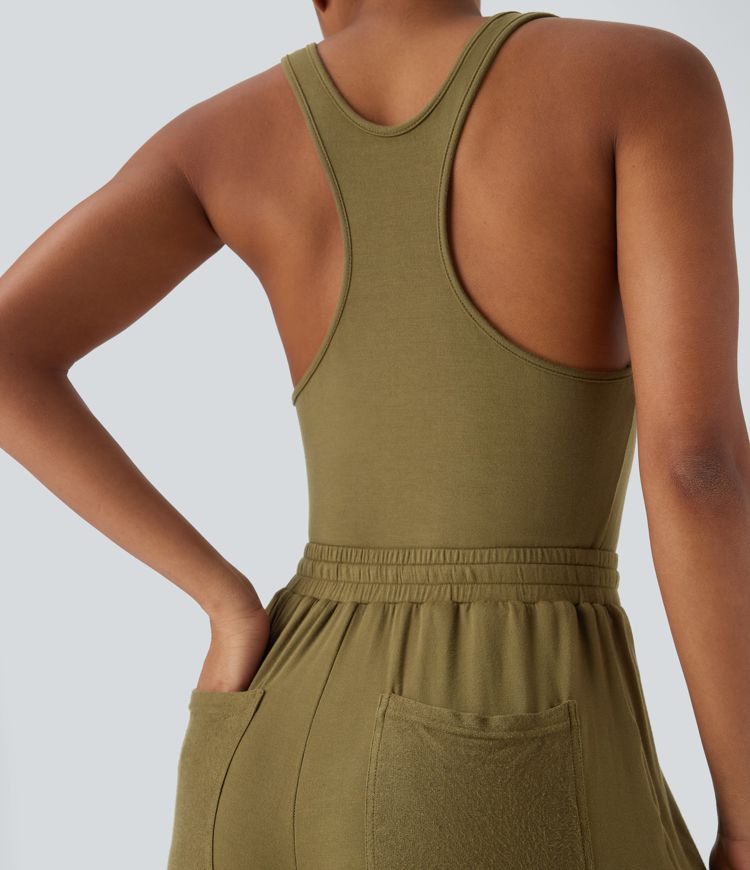 U-hals racerback casual jumpsuit med snøre og lommer