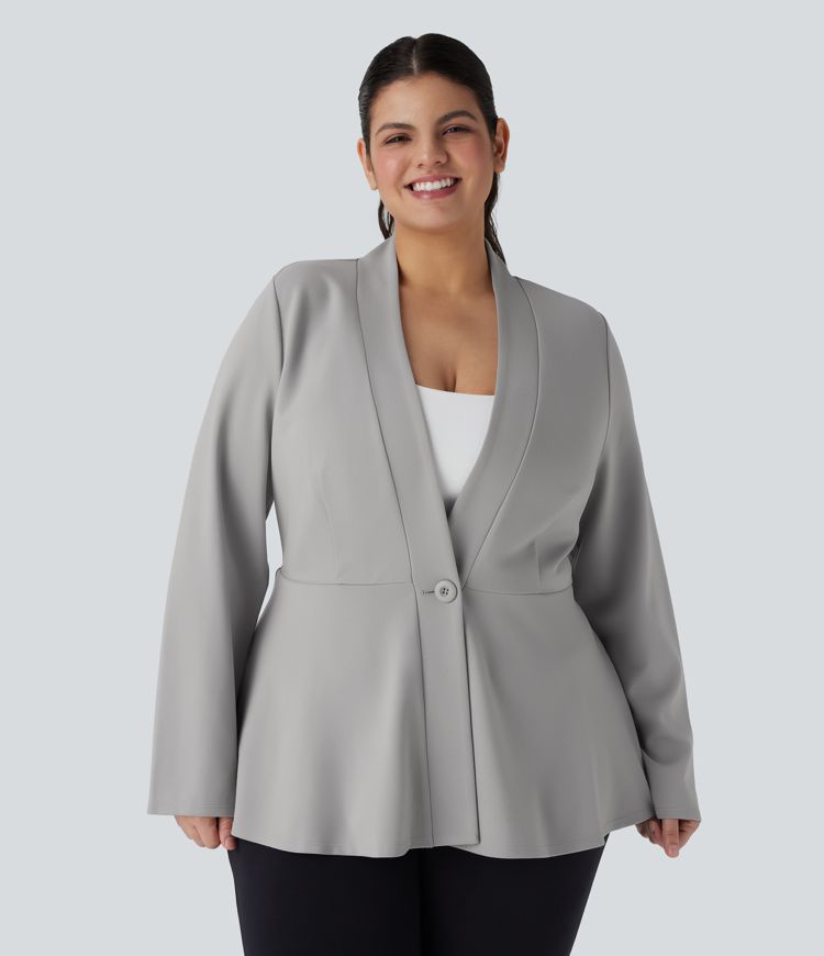 Plus Size V Neck Long Sleeve Single Button Front Work Peplum Jacket