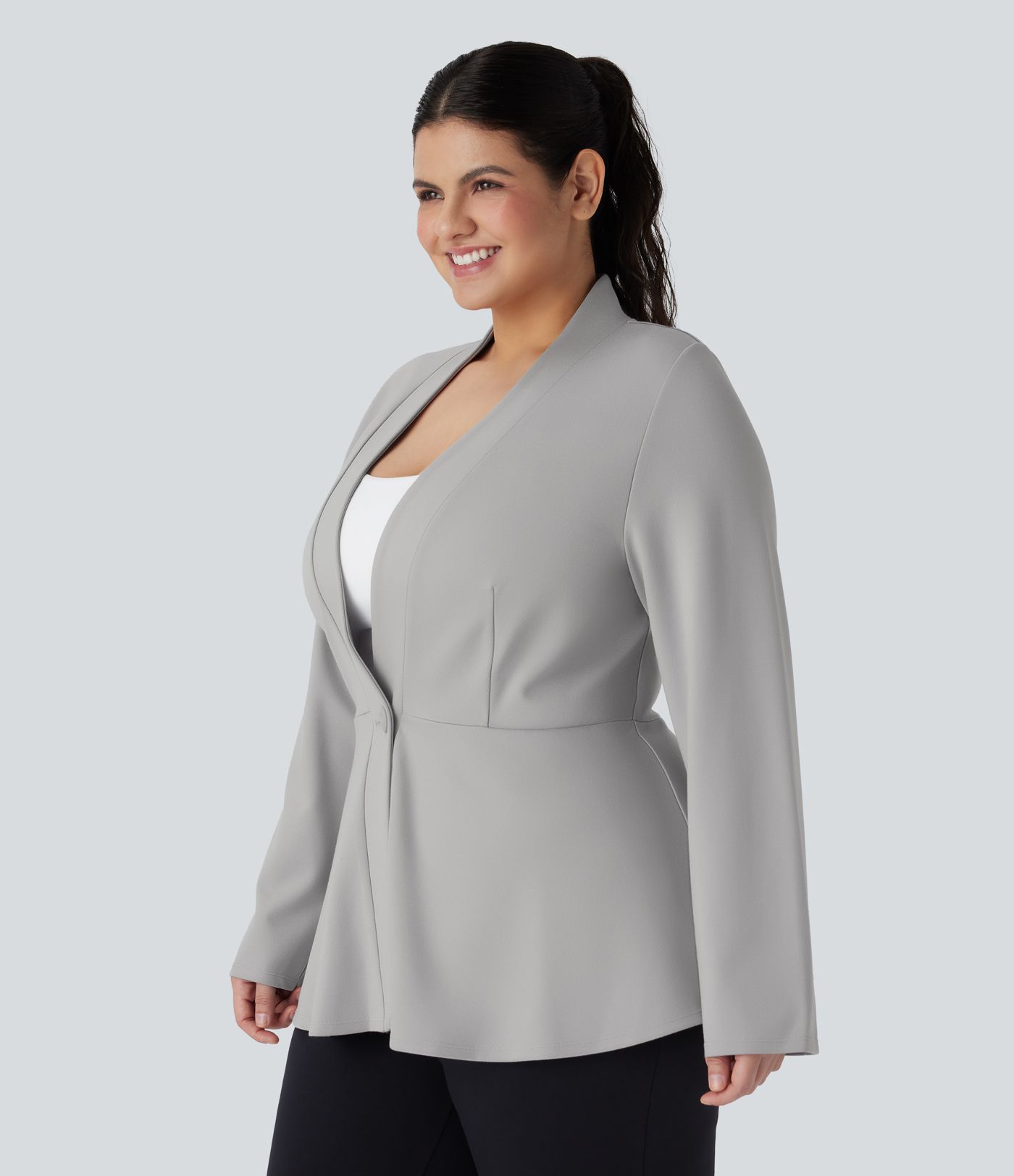Plus Size V Neck Long Sleeve Single Button Front Work Peplum Jacket
