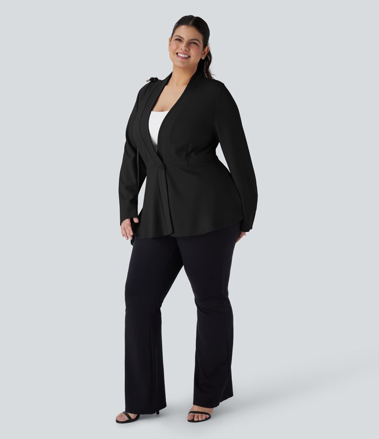 Plus Size V Neck Long Sleeve Single Button Front Work Peplum Jacket