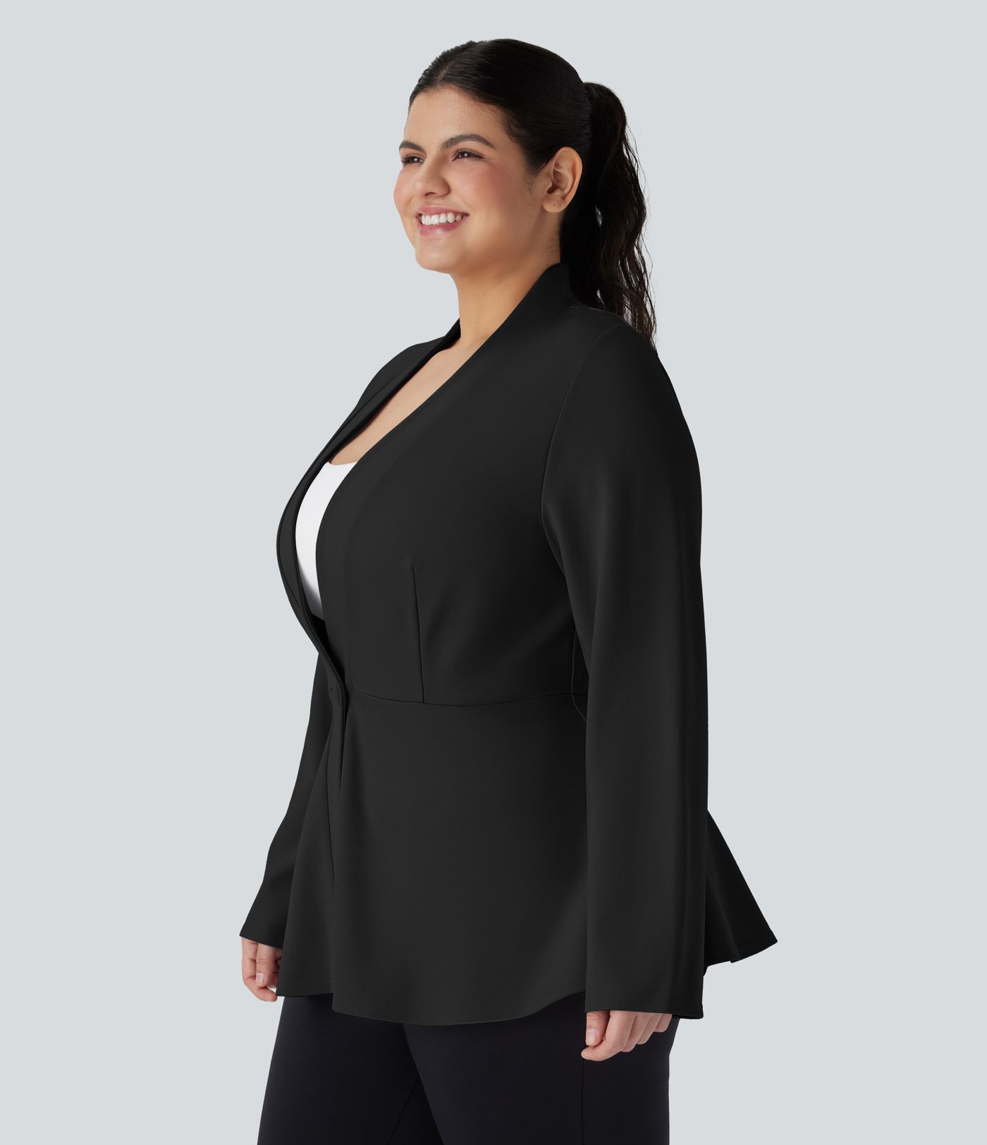 Plus Size V Neck Long Sleeve Single Front Work Peplum Jacket
