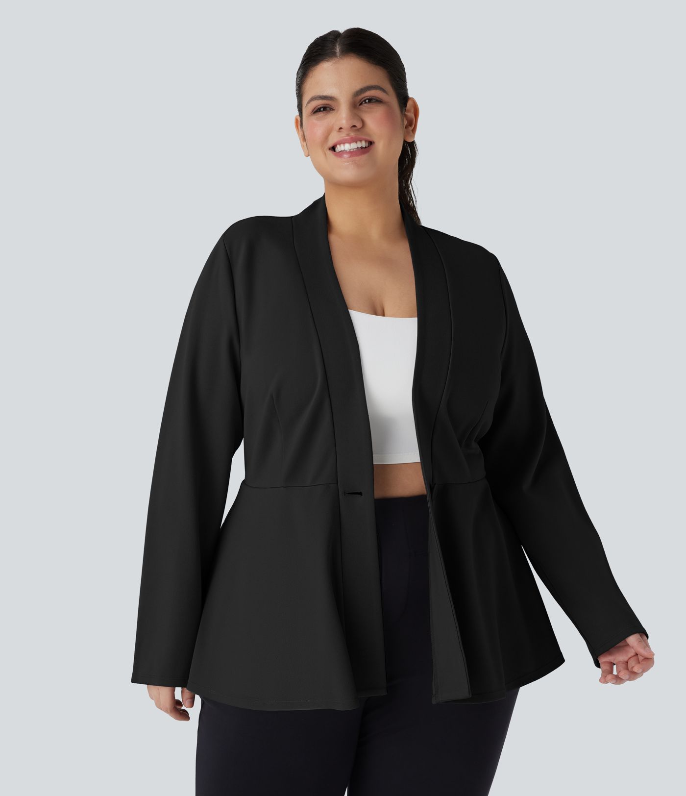 Plus Size V Neck Long Sleeve Single Front Work Peplum Jacket