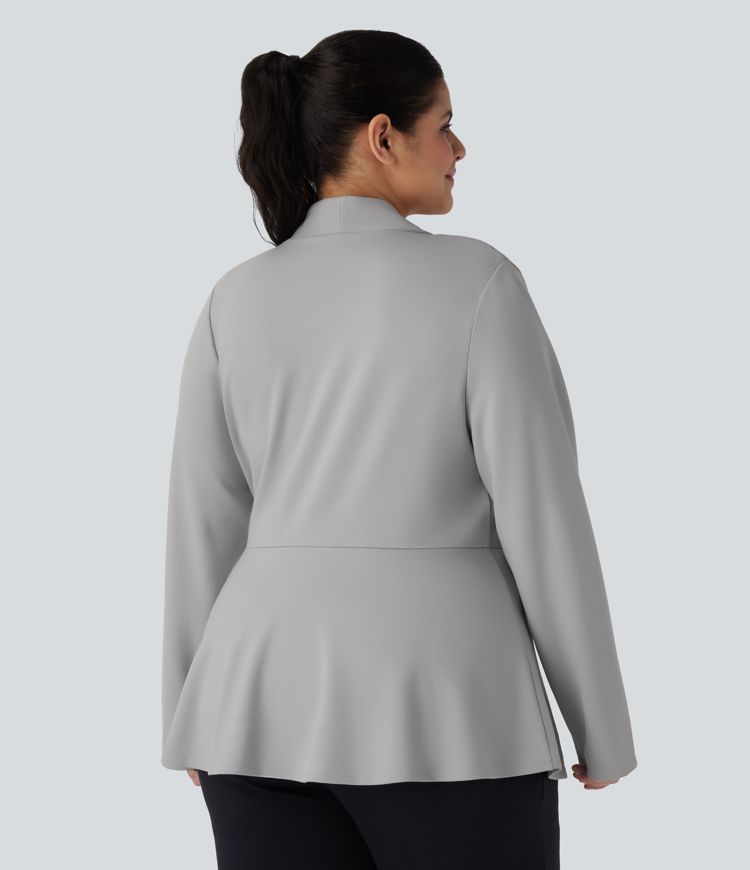 Plus Size V Neck Long Sleeve Single Button Front Work Peplum Jacket