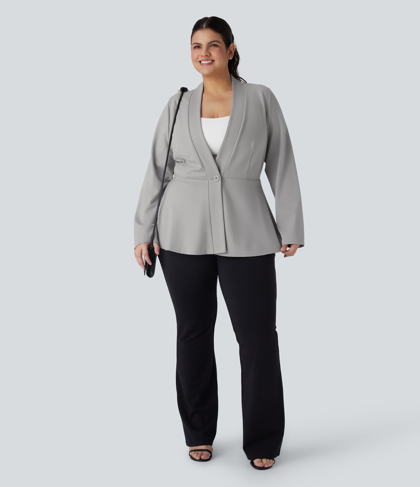 Plus Size V Neck Long Sleeve Single Button Front Work Peplum Jacket