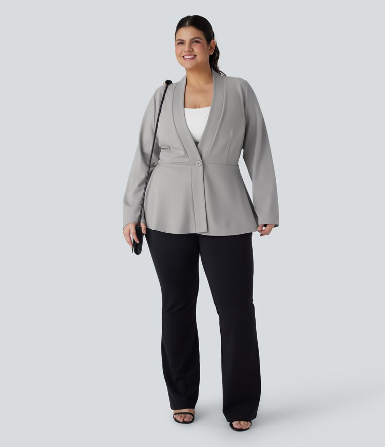 Plus Size V Neck Long Sleeve Single Button Front Work Peplum Jacket