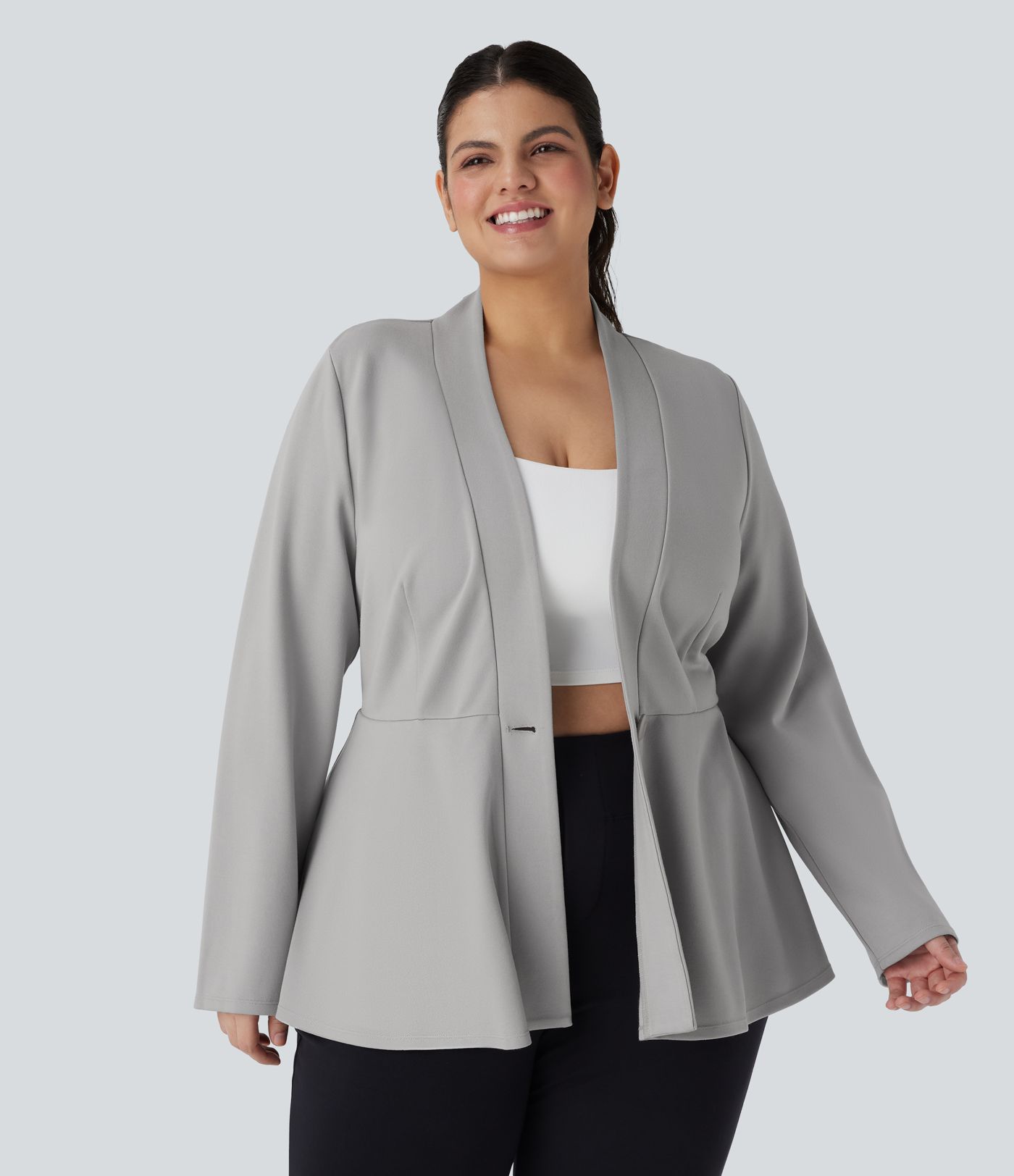Plus Size V Neck Long Sleeve Single Button Front Work Peplum Jacket