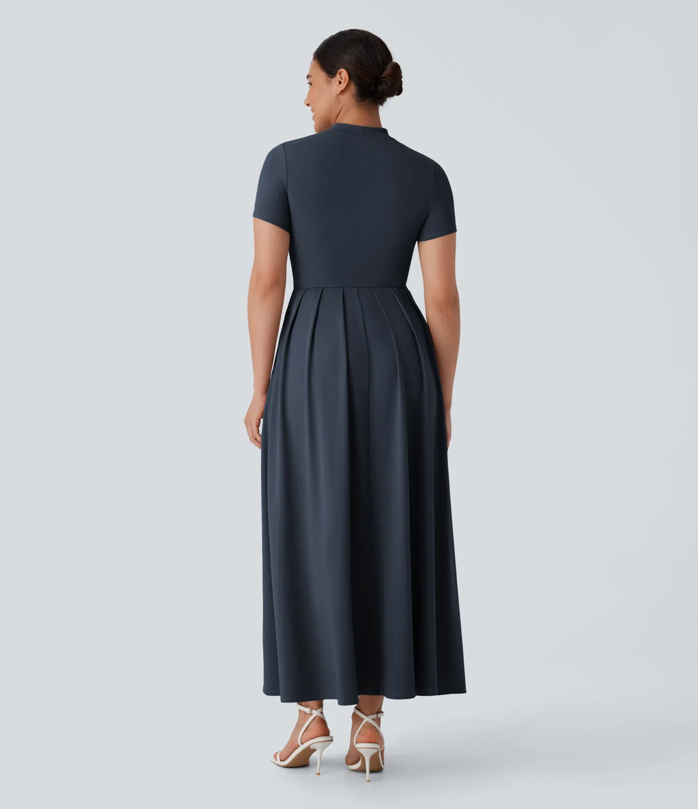 Stand Collar Short Sleeve Side Pocket Flare Maxi Casual Dress