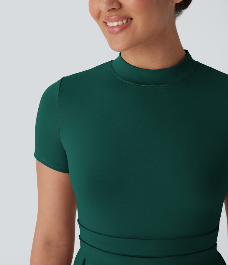 Stand Collar Short Sleeve Side Pocket Flare Maxi Casual Dress