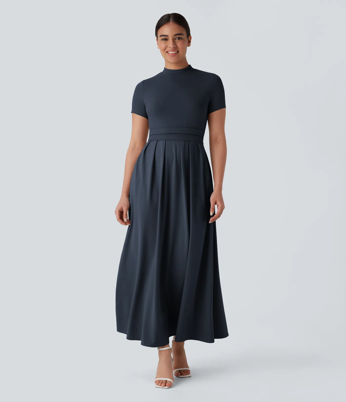 Stand Collar Short Sleeve Side Pocket Flare Maxi Casual Dress