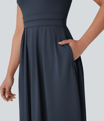 Stand Collar Short Sleeve Pocket Flare Maxi Casual Dress