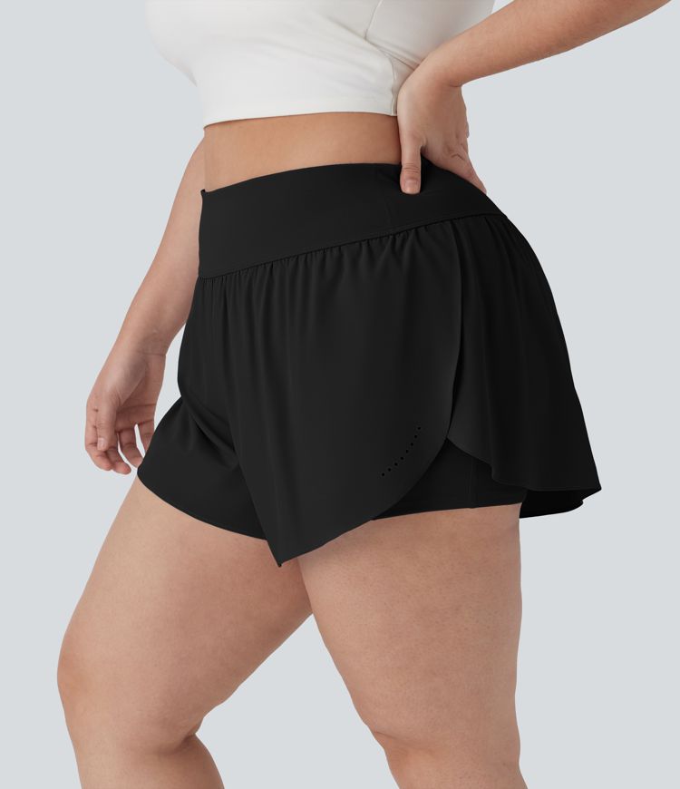 Softlyzero™ QuickDry High Waisted Reflective Dots Crossover Hem 2-in-1 Running Plus Size Shorts with Pockets