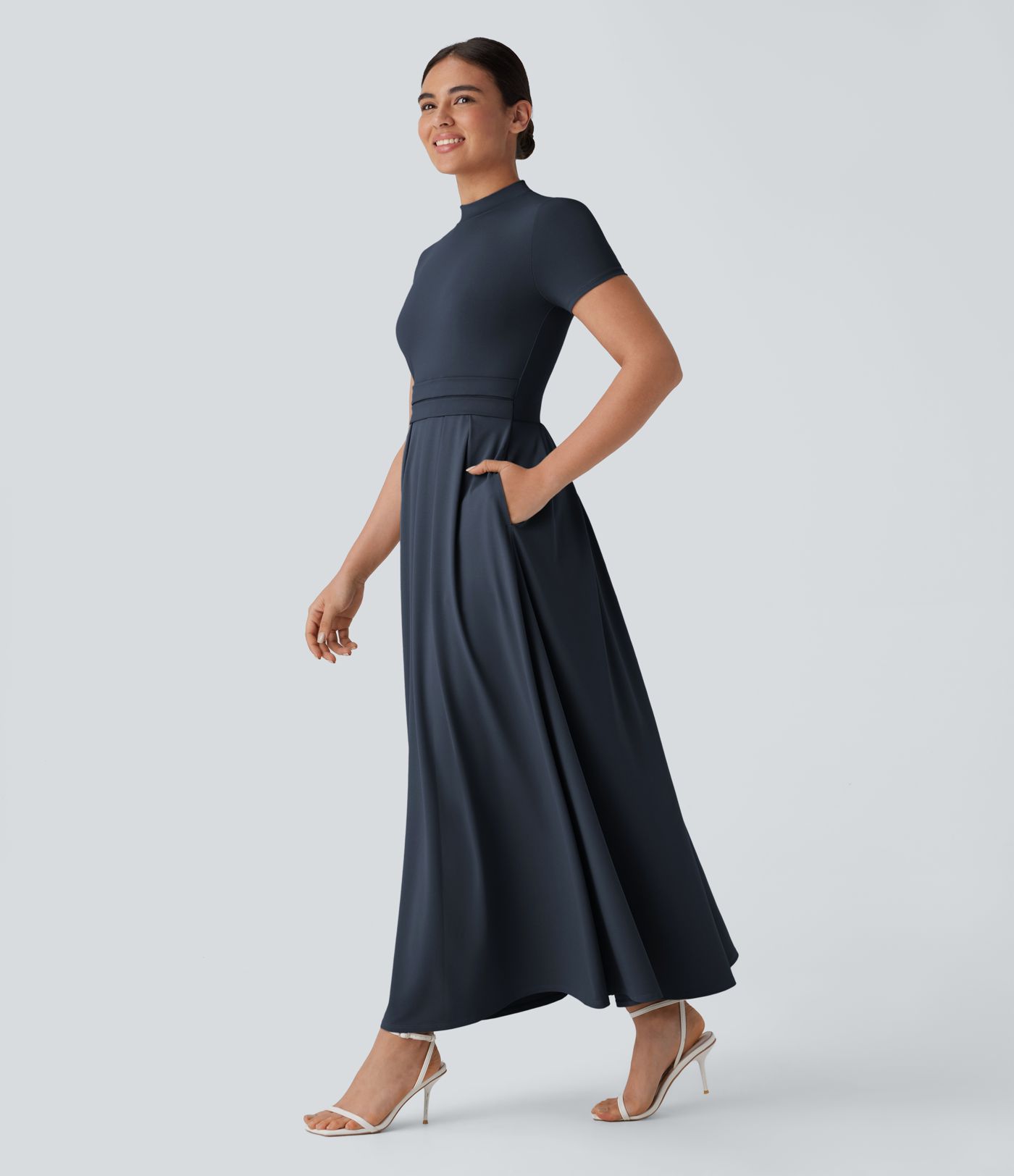 Stand Collar Short Sleeve Pocket Flare Maxi Casual Dress