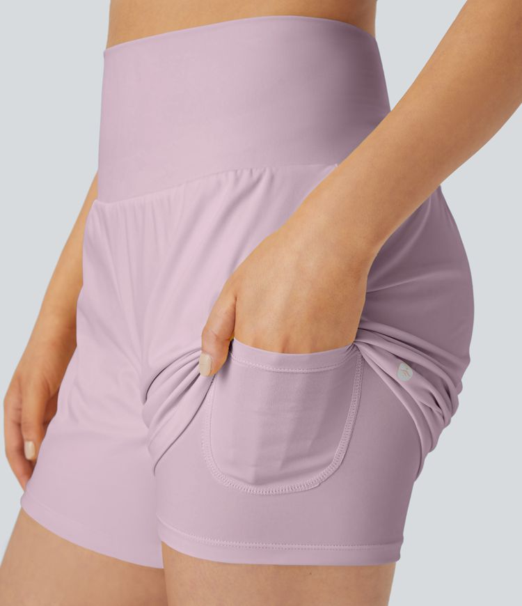 슈퍼 하이 웨이스트 백 포켓 사이드 히든 포켓 2-in-1 요가 반바지