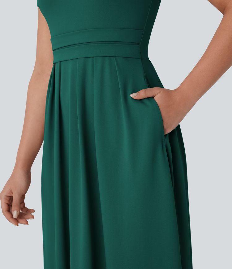 Stand Collar Short Sleeve Side Pocket Flare Maxi Casual Dress